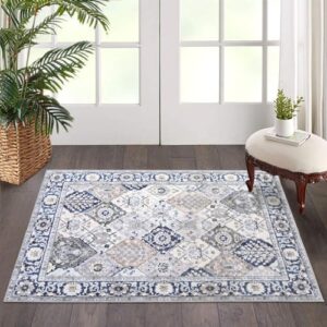 Moroccan Trellis Area Rug 2x3 Washable Vintage Floral Print Rugs, Boho Non Slip Indoor Carpet for Entryway Living Room Kitchen Bedroom Laundry Room, Beige Blue