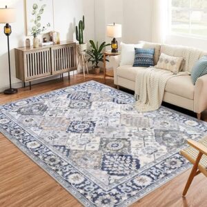 Moroccan Trellis Area Rug 4x6 Washable Vintage Floral Print Rugs, Boho Non Slip Indoor Carpet for Entryway Living Room Kitchen Bedroom Laundry Room, Beige Blue