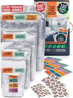 Multi-Size Bundle (120 Bags) Mylar Bags For Food Storage | Includes Oxygen Absorbers, Sticker Labels, & Storage Box | 3-Layer Stand Up Food Safe Container - Silver (Gusset)