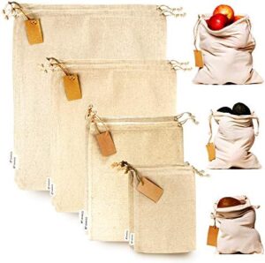 Muslin Bags with Drawstrings - Set of 8 Mixed (S,M,L,XL) - Reusable Produce Bags for Bulk Food Storage - Cloth Bags - Canvas Fabric Bags - Natural Cotton Bags - Set of 8 Mixed (S,M,L,XL) by Leafico