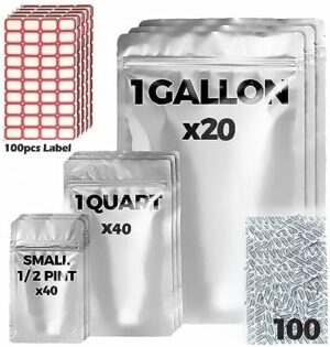 Mylar Bags for Food Storage with Oxygen Absorbers & Labels, Stand-Up, 3 Sizes, Heat Sealable & Resealable Food Storage Bags