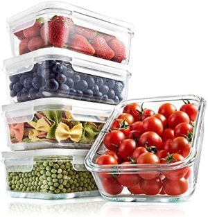 NutriChef 10-Piece Superior Glass Food Storage Containers Set (5 Containers + 5 Locking Lids),Stackable Meal-prep Design, BPA-free Airtight Clear Locking lids with Vent Lids & Air Hole, NCCLX5