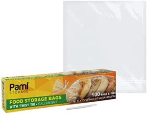 PAMI Food Storage Gallon Size Bags With Twist Ties [100 Pieces] - Disposable Plastic Food Bags- Food-Safe Bags For Food Storage- Versatile Bags For Kitchen. Home, Office, Commercial Uses- 11x12.5”