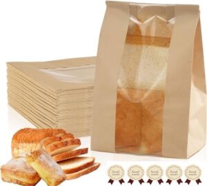 Paper Bread Bags - 60 Pack - Homemade Bread Storage Bags with Clear Window Includes Label Seal Stickers -Bakery Packaging Bags for Cookies, Bread, and Treats - Large Kraft 13.7x8.2x3.5inch Brown