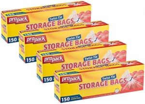 ProPack Disposable Plastic Storage Bags With Original Twist Tie, 1 Gallon Size, 600 Bags, Great For Home, Office, Vacation, Traveling, Sandwich, Fruits, Nuts, Cake, Cookies, Or Any Snacks (4 Packs)