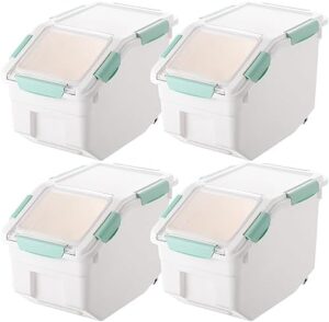 Purpeak 4 Pack Grain Rice Storage Bin Flour Storage Container 20 Lbs with Wheels Measuring Cup Airtight Lid Plastic Cereal Pet Food Storage Boxes for Dry Food Sugar Baking Cat Bird Dog Food (Green)