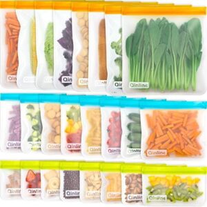 Qinline Reusable Food Storage Bags - 24 Pack BPA FREE Freezer Bags(8 Reusable Gallon Bags + 8 Leakproof Reusable Sandwich Bags + 8 Food Grade Snack Bags) EXTRA THICK Reusbale Lunch Bag for Salad Fruit