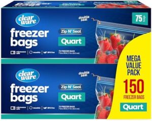 Quart Freezer Bags - 150 Count, Resealable Plastic Freezer Containers - Reusable Double Zipper Pouches for Food Storage, Meat, Fresh Vegetables, Fruit - Microwave-Safe, Zero BPA - 2 Boxes