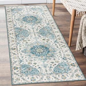 ReaLife Machine Washable Area Rug Runner - Living Room Bedroom Bathroom Kitchen Entryway Office - Non Slip Low Pile Stain Resistant Premium - Boho Farmhouse Vintage - IKE - Ivory Blue 2'6" x 6'