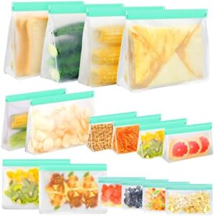 Reusable Food Storage Bags, 16 Pack Reusable Sandwich Bags BPA Free Reusable Freezer Bags, Leakproof Reusable Bags Silicone for Lunch Meat Fruit Veggies Snacks (10 Stand-Up bags+6 Flat bags)