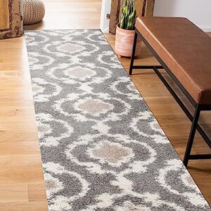 Rugshop Cozy Moroccan Trellis Indoor Shag Runner Rug 2' x 10' Gray/Cream