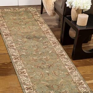 Superior Indoor Runner Rug, Jute Backed Rugs For Bedroom, Office, Entryway, Hallway, Kitchen, Traditional Floral Scroll Floor Decor, Heritage Collection, Green, 2' 7" x 8'