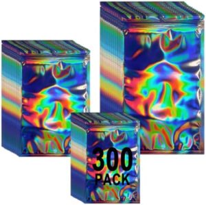 Sylvia Flower 300 Pack 3 Sizes Mylar Bags Smell Proof Bag with Clear Window, Resealable Holographic Packaging Bags for Small Business Food Sample (3x4.7, 4x6, 4.7x7.9 inch, Holographic)