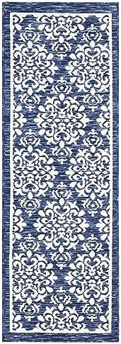 TOWN & COUNTRY EVERYDAY Walker Damask Medallion Everwash™ Washable Multi-Use Decorative Rug, Tufted Kitchen Runner Rug, Low-Profile Door Mat, Bath Rug with Non-Slip Backing, Navy Blue, 24"x72"