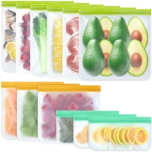 TROUSKAIG 12 Pack Food Storage Containers Silicone Ziplock Bags-6 Reusable Gallon Freezer Bags 3 Reusable Sandwich Bags 3 Reusable Snack Bags,Leakproof Silicone Bags Reusable Fruit Storage for Fridge