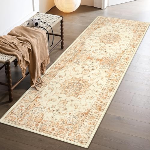 Uphome Vintage Runner Rug for Hallways, 2x6 Non-Slip Washable Kitchen Rug Runner, Soft Low Pile Foldable Long Bathroom Rug, Oriental Collection Orange Floral Carpet for Laundry Room Bedroom Porch