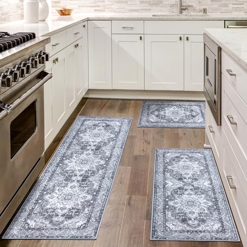 WOBUBU Kitchen Rugs Sets of 3 Washable Absorbent Kitchen Mats for Floor 3 Piece Kitchen Runner Rug Set Non Slip Boho Kitchen Rugs and Mats for Kitchen Sink Washroom Grey