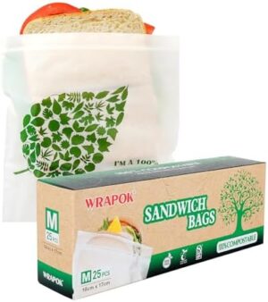 WRAPOK 100% Compostable Sandwich Bags Biodegradable Food Storage Freezer Bag for School or Work, 25 Count