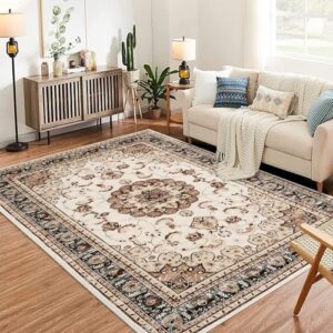 Washable Vintage Area Rug - 5x7 Traditional Oriental Medallion Floral Design, Stain Resistant Indoor Print Carpet for Entryway Bedroom Living Room Office Kitchen, Kid & Pet Friendly, Beige