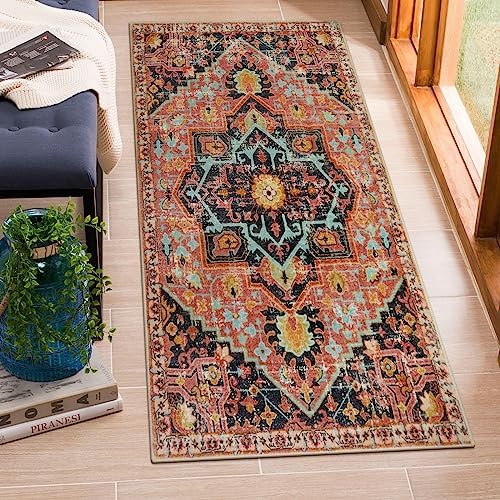 Wonnitar Boho 2x4.3 Kitchen Rug Runner,Washable Soft Entryway Runenr Rug Non-Slip Vintage Laundry Room Carpet Runner,Retro Farmhouse Indoor Throw Mat for Bedroom Entry Bath,Fuchsia