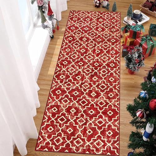 Wonnitar Christmas Runner Rugs for Hallway 2x6,Washable Red Kitchen Rug Carpet Runner,Non-Slip Low Pile Soft Winter Moroccan Holiday Xmas Decor Throw Mat for Entrance Bedroom Laundry