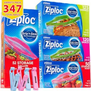 Ziploc-Bags, Variety Pack, (347 Bags Total) - 52 Storage Gallon Bags - 50 Storage Quart Bags - 120 Snack Bags - 125 Sandwich Bags, Bundled with 4 Reusable Bag Clips,