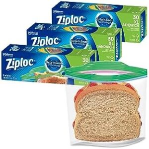 Ziploc XL Sandwich and Snack Bags, Storage Bags for On the Go Freshness, Grip 'n Seal Technology for Easier Grip, Open, and Close, 30 Count (Pack of 3)