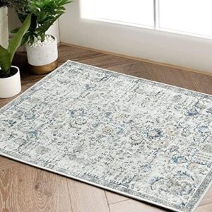 jinchan Area Rug 2x3 Washable Rug Entryway Rug Door Mat Vintage Indoor Entrance Thin Rug Retro Distressed Carpet Blue Floral Mat Country Boho Rug Non Slip Doormat Bathroom Kitchen Bedroom