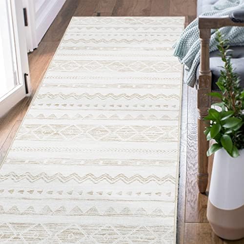 jinchan Boho Runner Rug 2x6 Washable Rug Area Rug Hallway Kitchen Rug Outdoor Moroccan Floor Rug Geometric Bohemian Taupe Thin Rug Diamond Non Slip Carpet for Living Room Bedroom Dining Room Bathroom