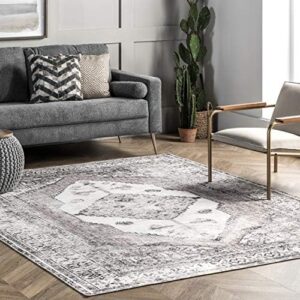 nuLOOM Gladys Machine Washable Vintage Medallion Ultra Thin Accent Rug, 2' x 3', Light Grey