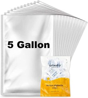 wisedry Mylar Bags 5 Gallon 12 Pack, Paired with 24 Pack 1000cc Oxygen Absorbers for Long Term Food Storage, Heat Sealable, Food Grade and Light Proof