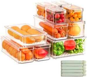 10-pack Stackable Refrigerator Organizer Bins with 6 Liners, Fridge Organizers and Storage Clear with Lids Plastic Fruit Vegetable Storage Containers with 5pcs Sealing Clips