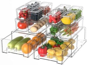 14Pack Fridge Organizer Bins, Clear Refrigerator Organizing Containers with Lids and Refrigerator Drawers, Stackable Food, Vegetable and Fruit Containers for Fridge Organizers and Storage