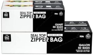 24/7 Bags- Gallon & Quart Food Storage Zip Bags Bundle Pack, 100 Count Each, Total 200 Bags, Doubler Zipper, Easy Open Tabs