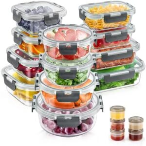 34pcs Glass Food Storage Containers with Lids Set, Airtight Glass Meal Prep Containers (17 Containers & 17 Lids),Leak Proof Lunch Containers BPA-Free, Microwave, Oven, Freezer, Dishwasher,Grey