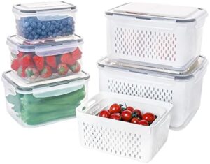 5 PCS Large Fruit Containers for Fridge - Leakproof Food Storage Containers with Removable Colander - Dishwasher & microwave safe Produce Containers Keep Fruits, Vegetables, Berry, Meat Fresh longer