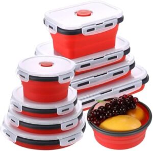 8 Pcs Silicone Collapsible Food Storage Containers with Lids Include 4 Rectangle 4 Round Food Bowls Foldable Kitchen Bowls Silicone Lunch Container Microwave Freezer Dishwasher Safe (Red)