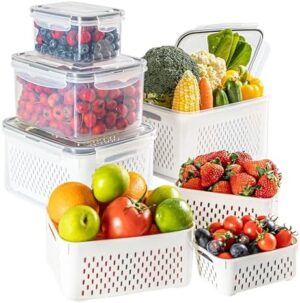 AVUX Food Storage Bins with Colander – A (4 Pcs) Airtight and Leak Proof Plastic Storage Saver Container Set for Fridge Organizer to Store Salad, Vegetables, Meat, Fruits and Frozen Food