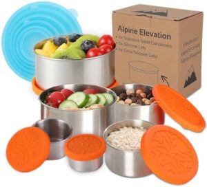 Alpine Elevation 18 Piece Set | 6 Leakproof Stainless Steel Containers + 12 Silicone Lids | 304 Stainless Steel Lunch Container | Snack Box Container | Meal Prep Storage Container | Bento Box