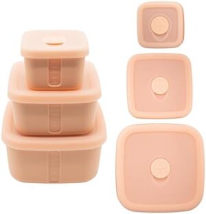 Bite&Eat Silicone Food Storage Containers | BPA Free, Airtight, Dishwasher, and Freezer Safe with Lids | Air Vent Nesting Containers Safe for Microwave | Set of 3 (5.7oz, 10oz, 20oz) - Pink