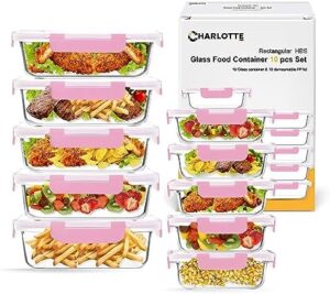 CHARLOTTE 1909 10 Pack Glass Meal Prep - Containers with Airtight Lids, Freezer, and Dishwasher Safe, Glass Food Storage Containers Durable and Perfect for On-the-Go Lunches (Pink)