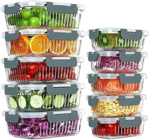 KOMUEE 10 Packs Glass Meal Prep Containers with Lids, Glass Food Storage Containers Set, Airtight Lunch Containers, Microwave, Oven, Freezer and Dishwasher Friendly, Gray