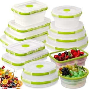 Layhit 12 Pcs Collapsible Food Storage Containers Set with Lid 6 Pcs Rectangle and 6 Pcs Round Silicone Lunch Container Collapsible Bowl for camping Microwave Freezer Dishwasher Safe (Green)