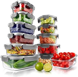 NutriChef Superior Glass Food Storage - 24-Piece Stackable, Meal-prep Containers w/ Newly Innovated Hinged BPA-Free 100% Leakproof Locking Lids - Freezer-to-Oven-Safe NCGLGY (Gray)