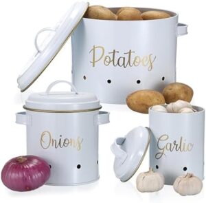 OwnMy Set of 3 Potato Onion Garlic Storage Bins Vegetable Containers Food Containers for Kitchen Counter, Potato Onion Storage Containers for Pantry Garlic Storage Jars Vegetable Canisters Set, White