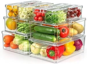 RIKOJUXI Set Of 14 Fridge Organizer, BPA Free Stackable Refrigerator Organizer Bins with Lids, Fridge Organizers and Storage Clear Refrigerator Storage Containers for Fruits, Vegetable, Food, Drinks