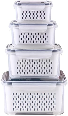 Ronanemon 4 Pack Fridge Food Storage Container Set with Lids with Strainer, Fruit Vegetable Storage Containers Keep Fruits, Vegetables, Berry, Meat Fresh longer, BPA-Free Plastic Produce Keepers