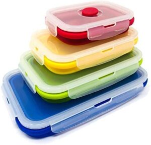 Set of 4 Collapsible Silicone Food Storage Container, Leftover Meal box For Kitchen, Bento Lunch Boxes, BPA Free, Microwave, Dishwasher and Freezer Safe. Foldable Design Saves Your Space.