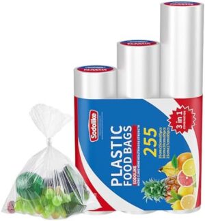 Sodolike Trinity Disposable Food Storage Bags - 3Rolls - 3 Size - 255pcs Bags, Plastic Produce Bag, Bread and Grocery Clear Bag