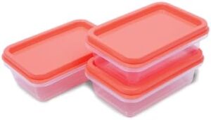 Unica Rectangle Container, Plastic Food Storage Box with Air Resistant Lid, Nestable & Stackable Storage Boxes for Cereal, Snacks, BPA-Free, Microwave, Dishwasher & Freezer Safe, Set of 3, Coral